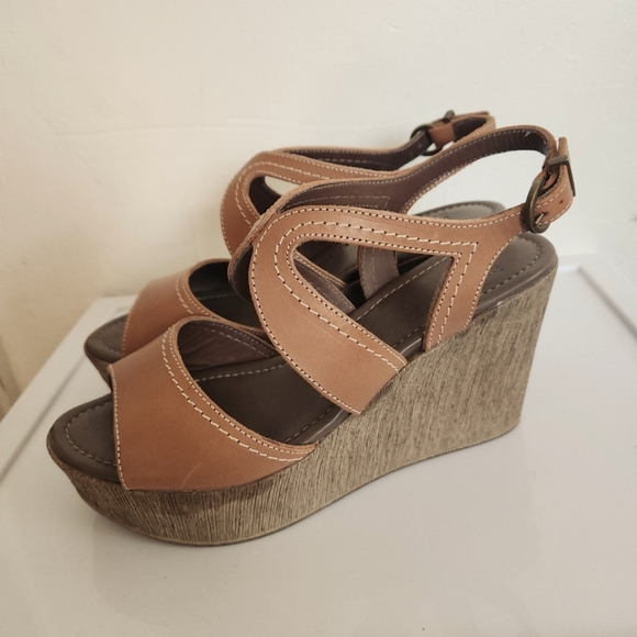 FRAU platform Wedge Brown Leather Sandals - Picture 1 of 5